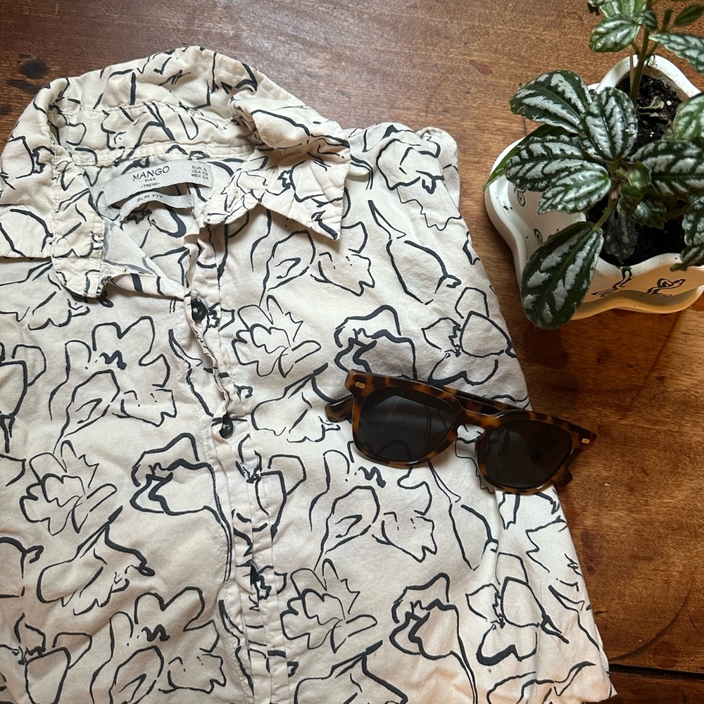 Mango Men's Beige Floral Button-Down Shirt